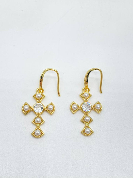 ARETE CRUZ CON PERLA EN CHAPA DE ORO 18K