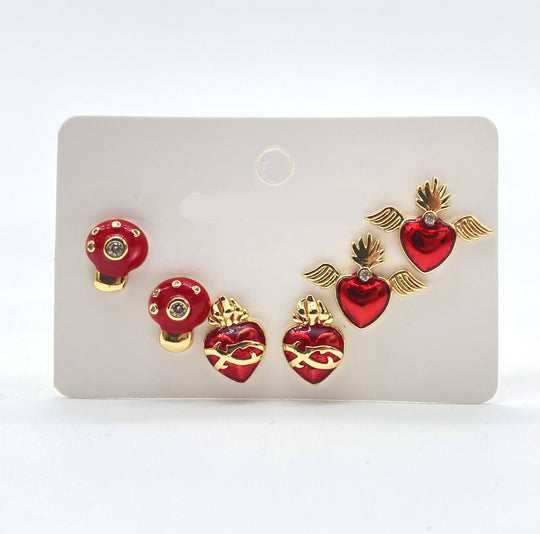 TRIO DE ARETES CORAZON ROJO CHAPA DE ORO 18K