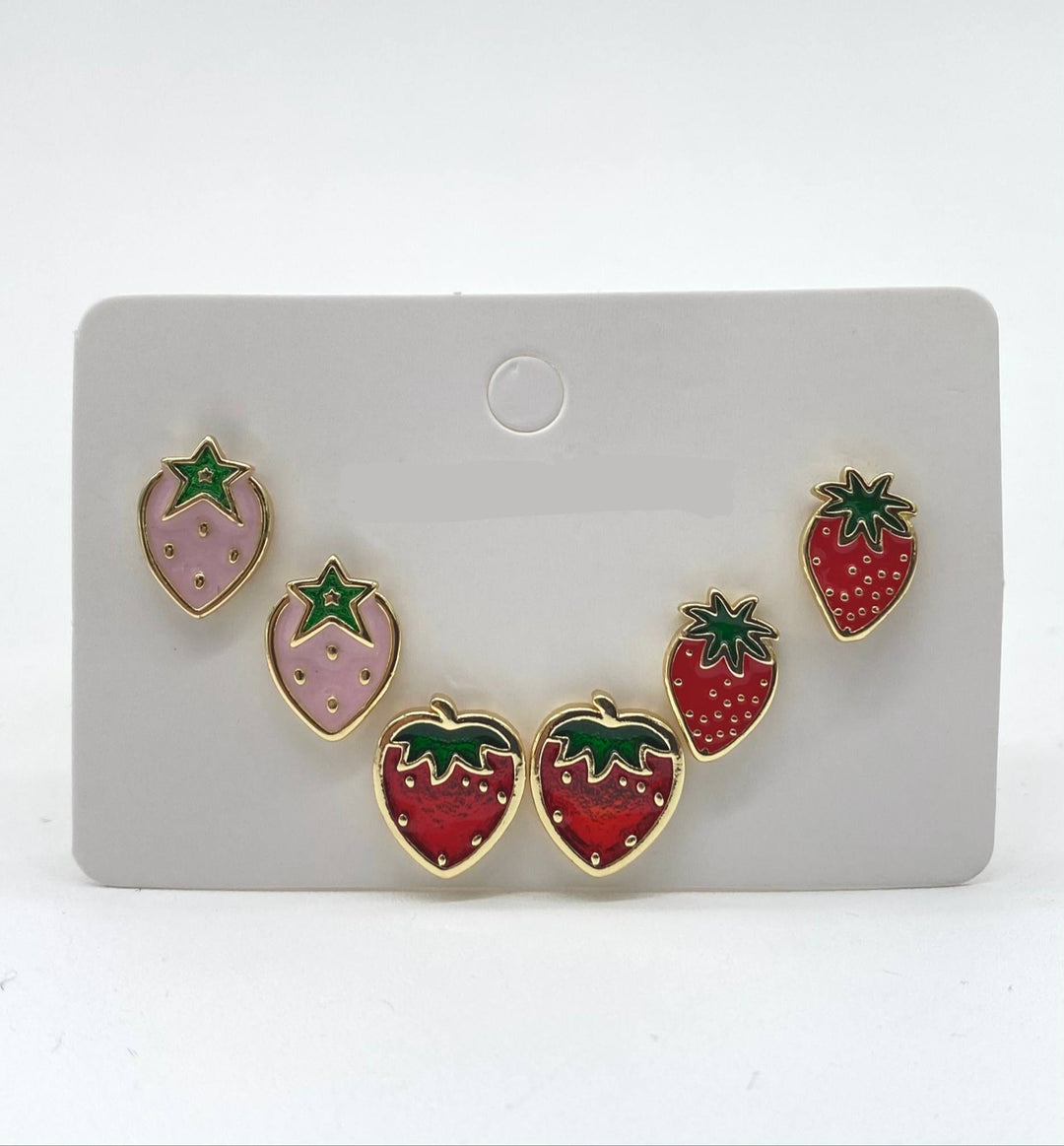 TRIO DE ARETES FRESA ESMALTADA