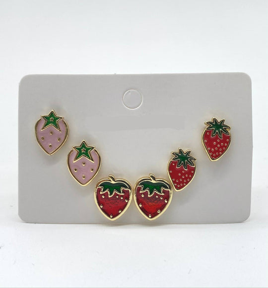 TRIO DE ARETES FRESA ESMALTADA