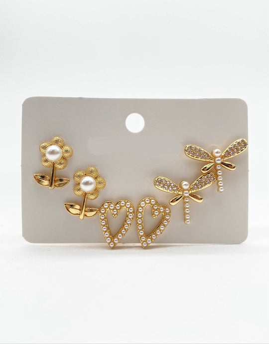 TRIO DE ARETES PERLAS CHAPA DE ORO 18K