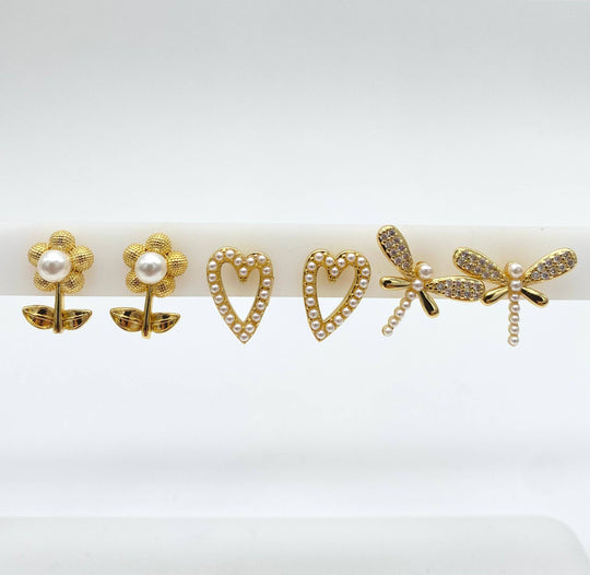 TRIO DE ARETES PERLAS CHAPA DE ORO 18K