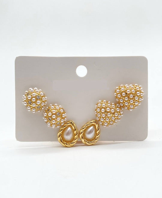 TRIO DE ARETES CON PERLAS CHAPA DE ORO 18K