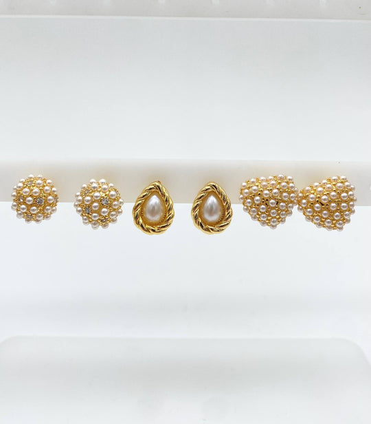 TRIO DE ARETES CON PERLAS CHAPA DE ORO 18K