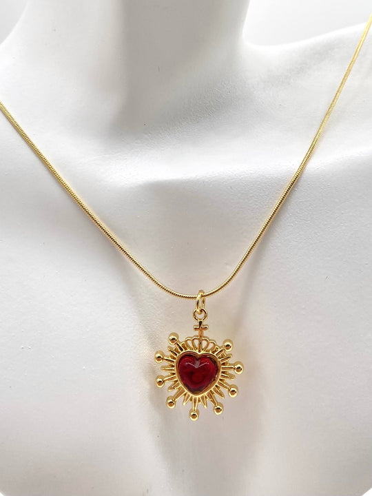 CADENA CORAZON ROJO CHAPA DE ORO 18K