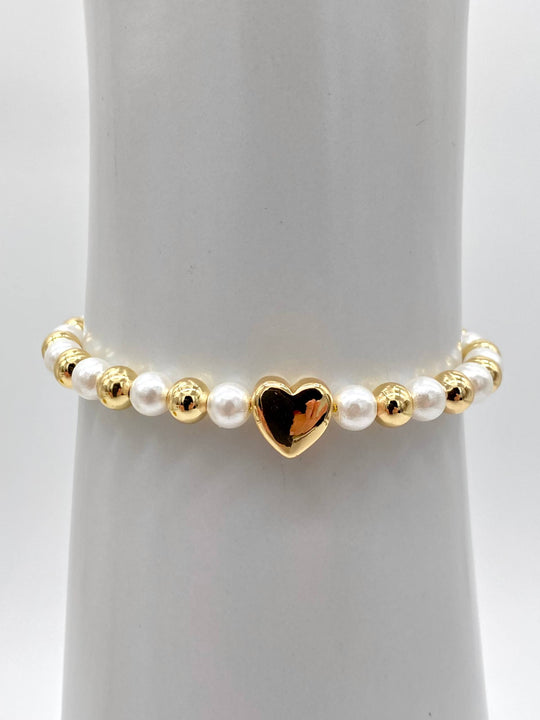PULSO PERLAS CON CORAZON EN CHAPA DE ORO 18K