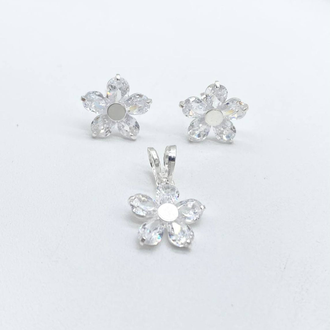 JUEGO FLOR BRILLANTE PLATA 925