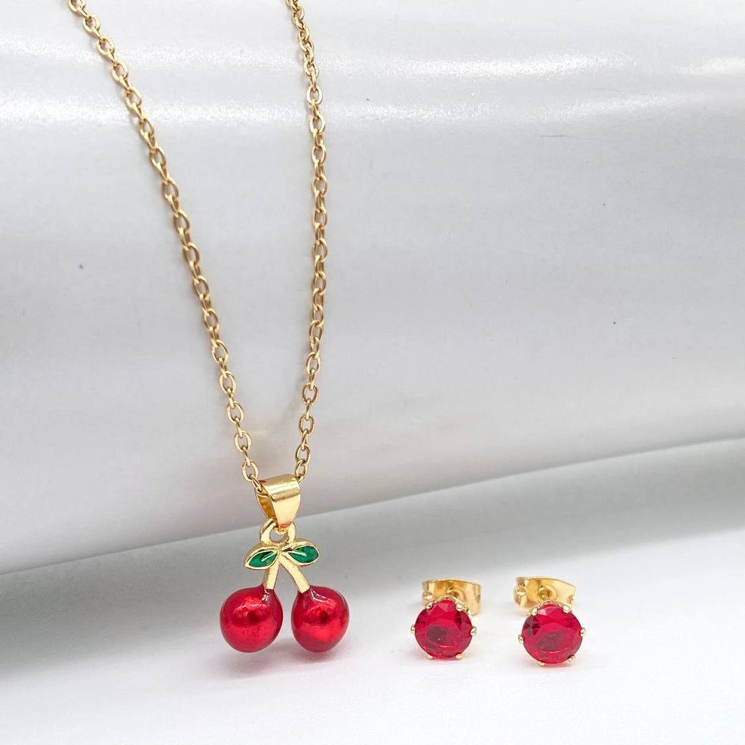 JUEGO CEREZAS CHAPA DE ORO 18K