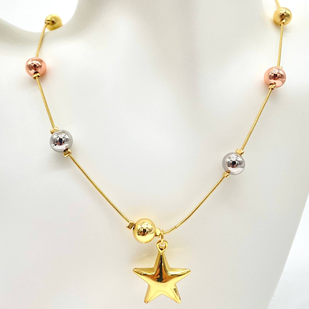 CADENA BOLAS FLORETINAS CON DIJE DE ESTRELLA