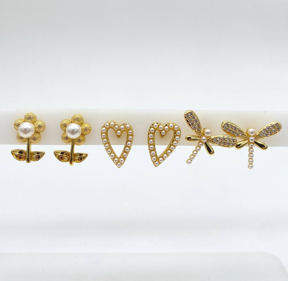 TRIO DE ARETES PERLAS CHAPA DE ORO 18K