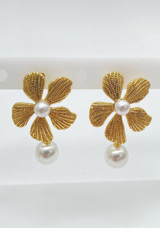 ARETE FLOR PERLA COLGANTE CHAPA DE ORO 18K