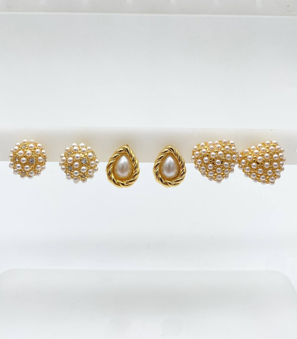 TRIO DE ARETES CON PERLAS CHAPA DE ORO 18K