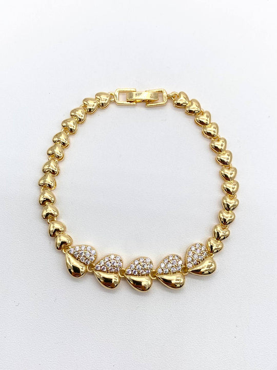 PULSO CORAZONES ZIRCONIAS CHAPA DE ORO 18K