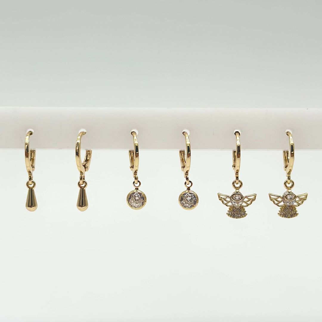 TRIO ARETES ANGEL Chapa de oro 18k