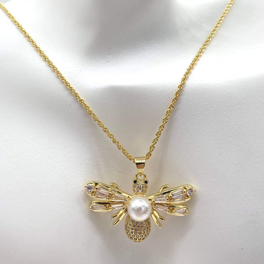Collar abeja con perla y zirconias – Chapa de Oro 18K | MAEL