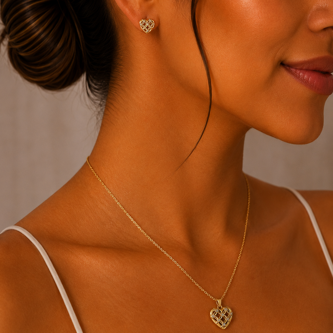 Set Corazón Brillante  en Chapa de Oro | Mael Joyería