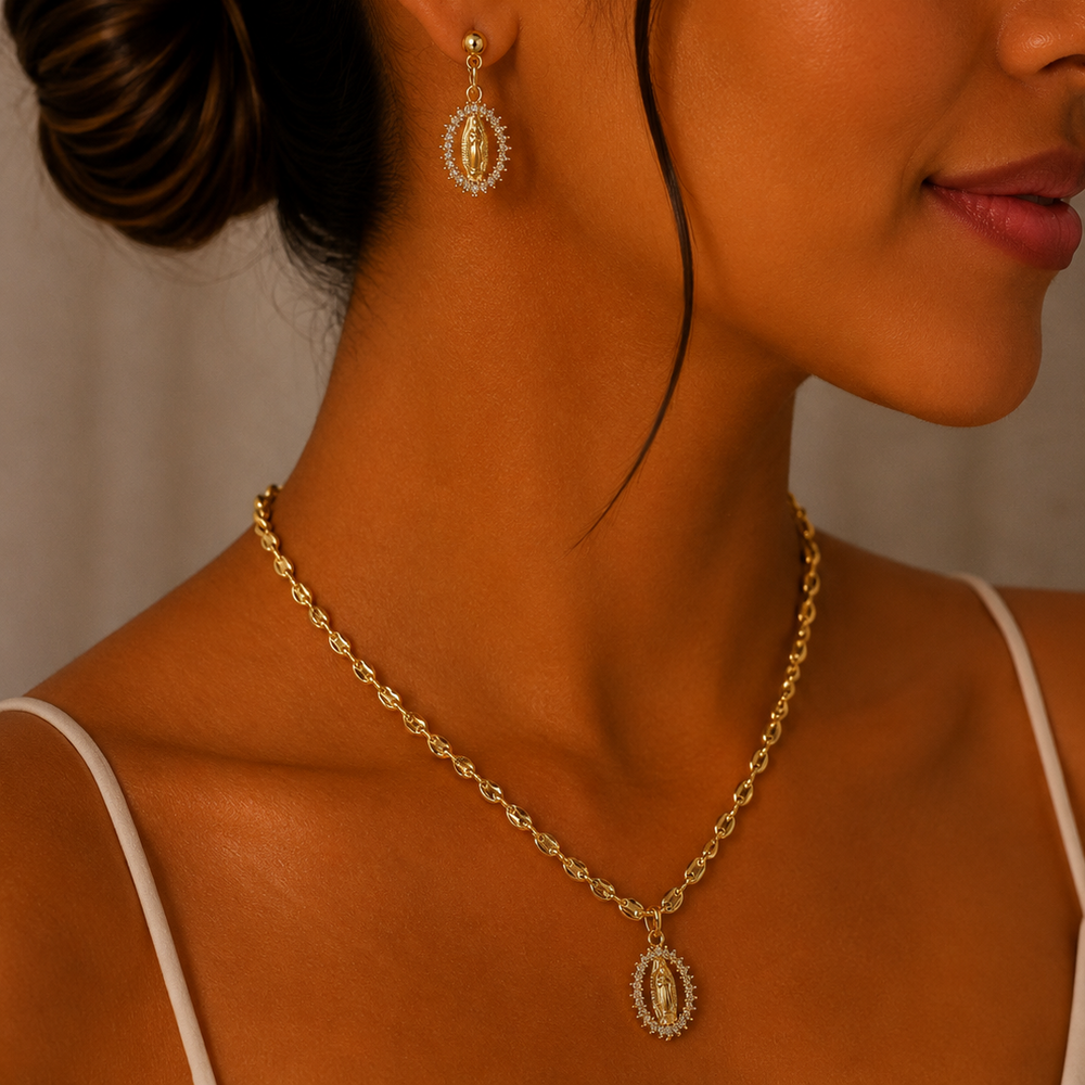 Set Virgen de Guadalupe con Zirconias en Chapa de Oro | Mael Joyería