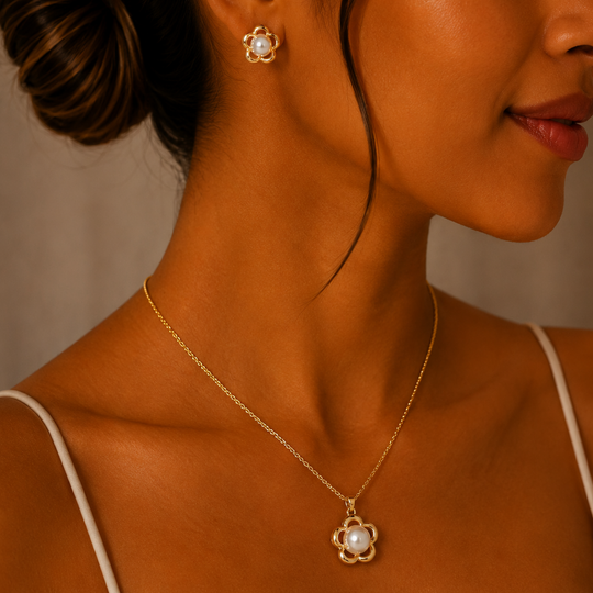 Set Flor con Perla en Chapa de Oro | Mael Joyería