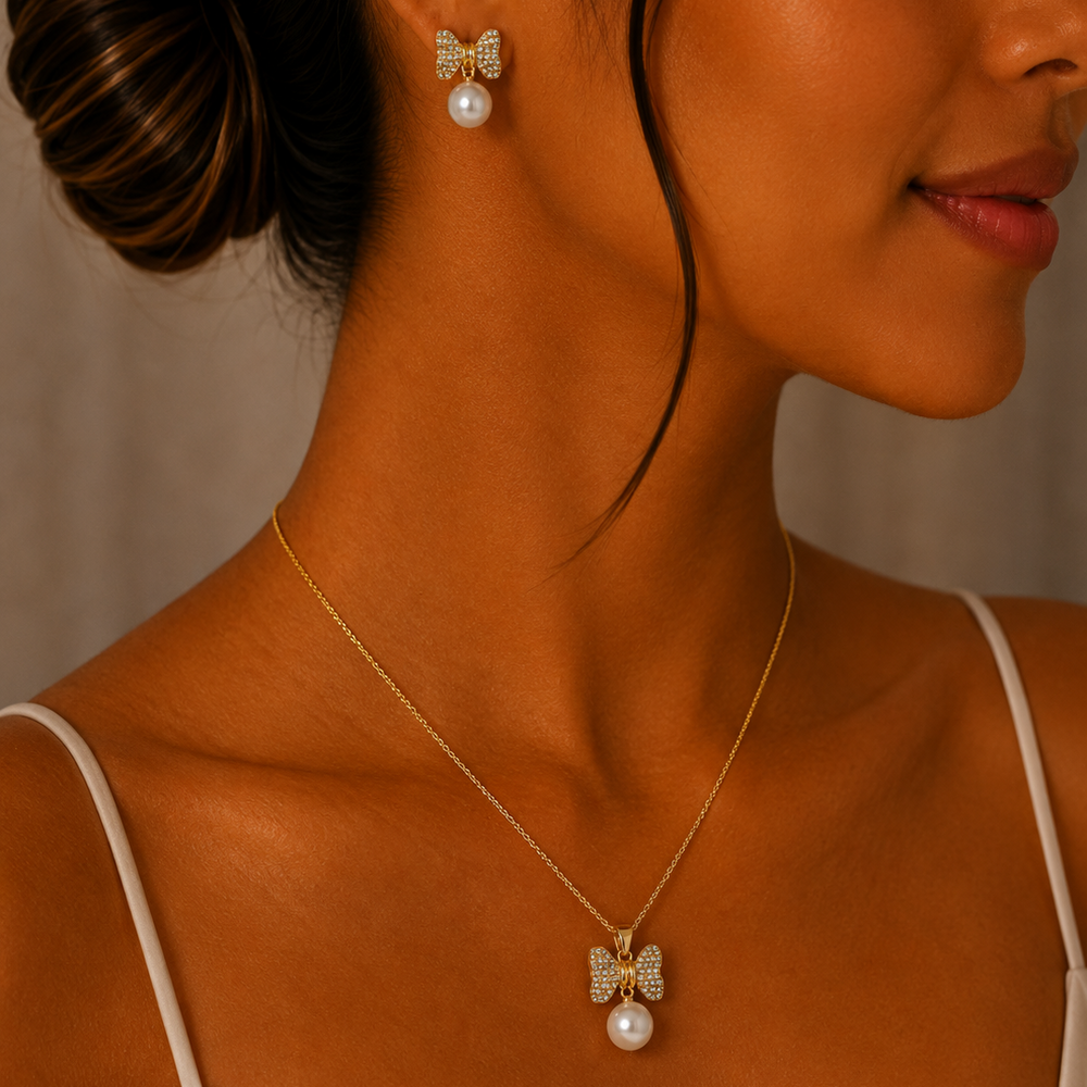 Set Moño con Perla y Zirconias en Chapa de Oro | Mael Joyería