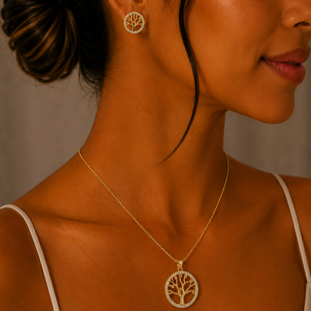 Set Árbol de la Vida con Zirconias  en Chapa de Oro | Mael Joyería