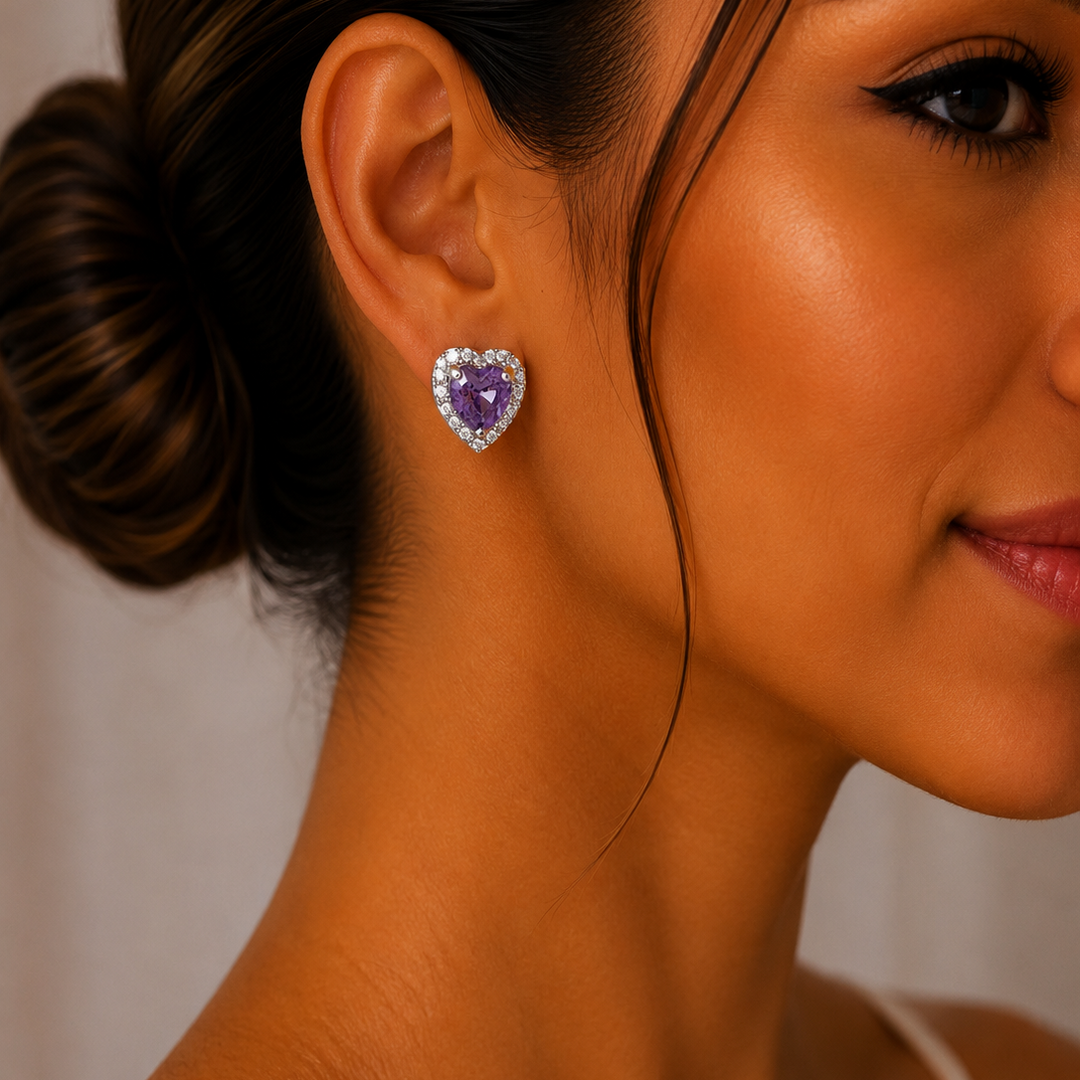 Broqueles Corazón Lila con Zirconias en chapa de rodio | Mael Joyería