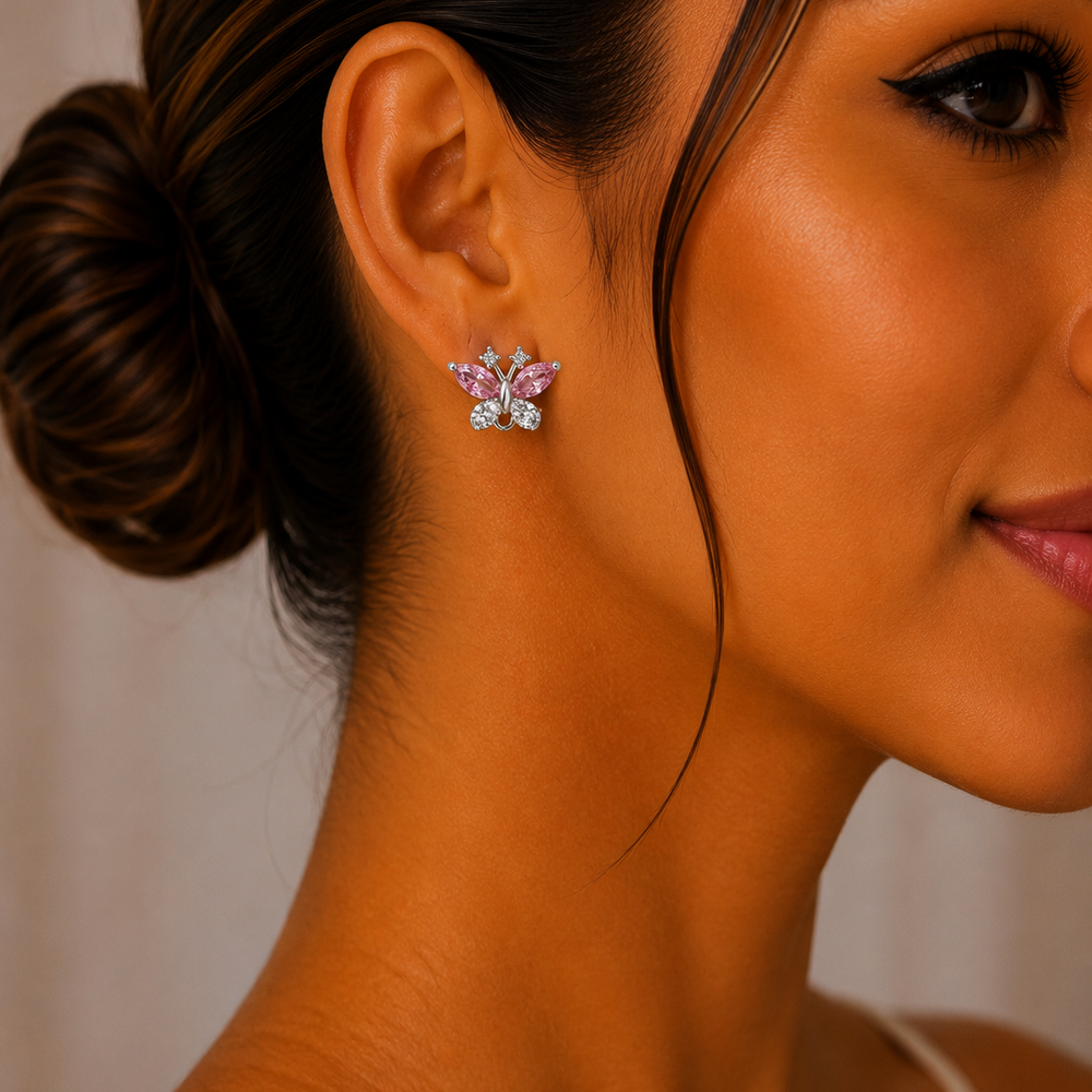Broqueles Mariposa Rosa con Zirconias en Chapa de Rodio | Mael Joyería