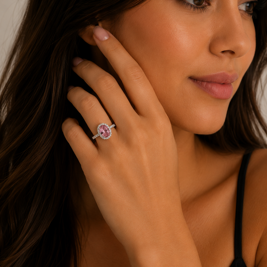 Anillo Halo Rosa de Plata 925 con Zirconia Ovalada | Mael Joyería