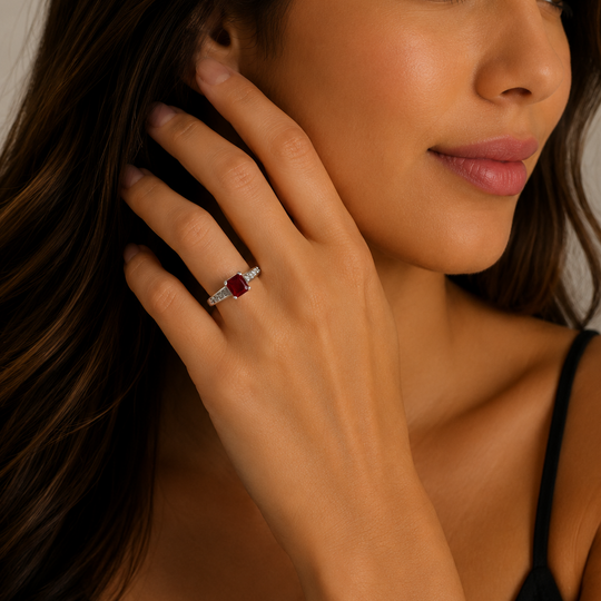 Anillo de Plata 925 con Cristal Rojo Corte Esmeralda | Mael Joyería