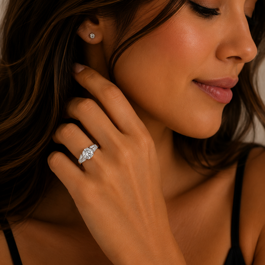 Anillo Halo de Plata 925 con Zirconia Central y Corte Baguette | Mael Joyería