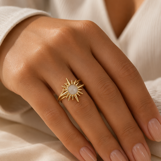 Anillo Ajustable Sol Radiante con Piedra Nácar en Chapa de Oro 18K | Mael joyeria