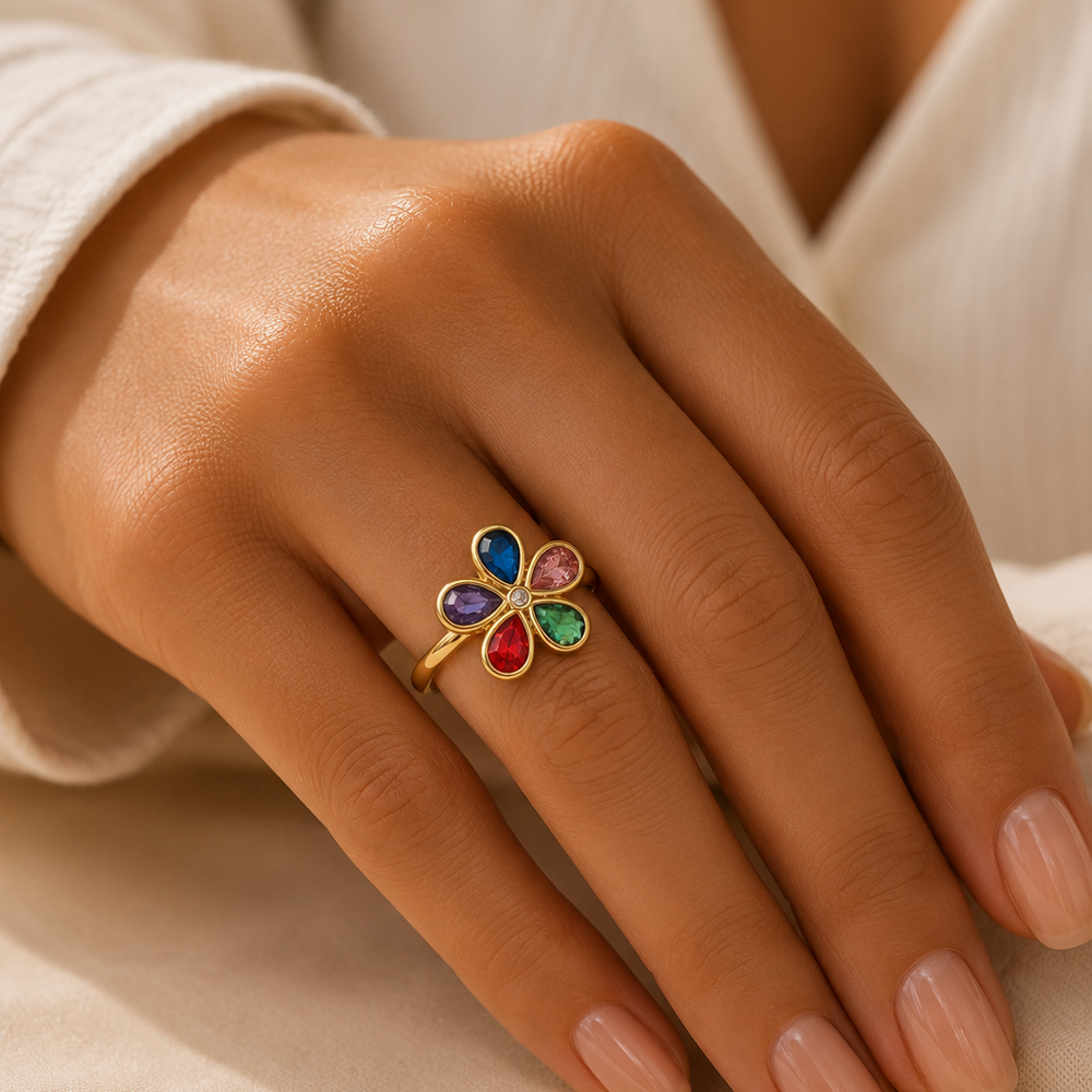 Anillo Ajustable Flor Multicolor en Chapa de Oro 18K | Mael Joyeria