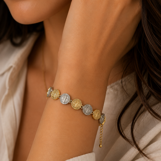 Pulsera San Benito Bicolor | Chapa de Oro 18K