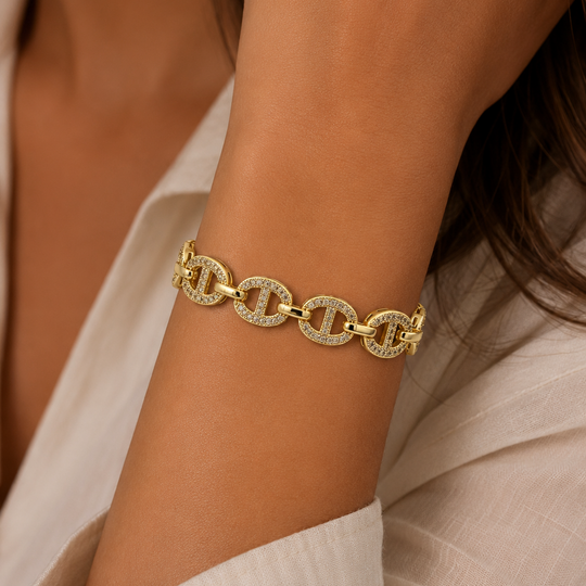 Pulsera Eslabones Ovalados con Zirconias | Chapa de Oro 18K