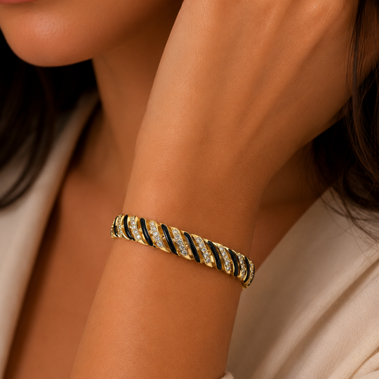 Pulsera Eslabones Negro con Zirconias | Chapa de Oro 18K