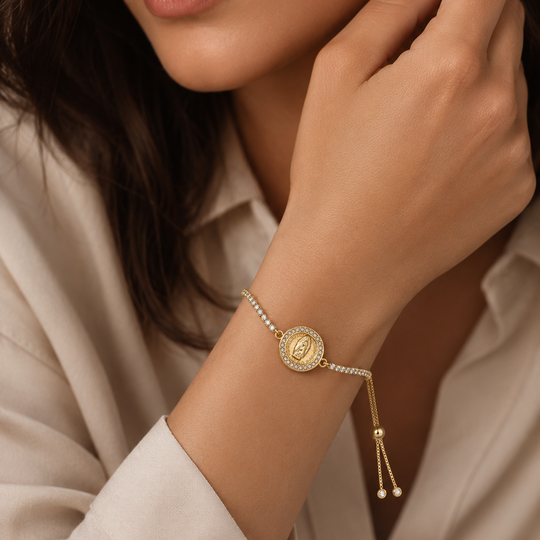 Pulsera Ajustable Virgen de Guadalupe con Zirconias | Chapa de Oro 18K