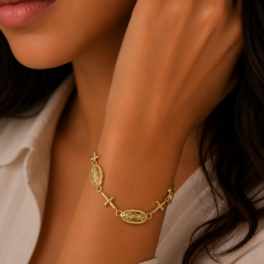 Pulsera Virgen de Guadalupe y Cruces | Chapa de Oro 18K