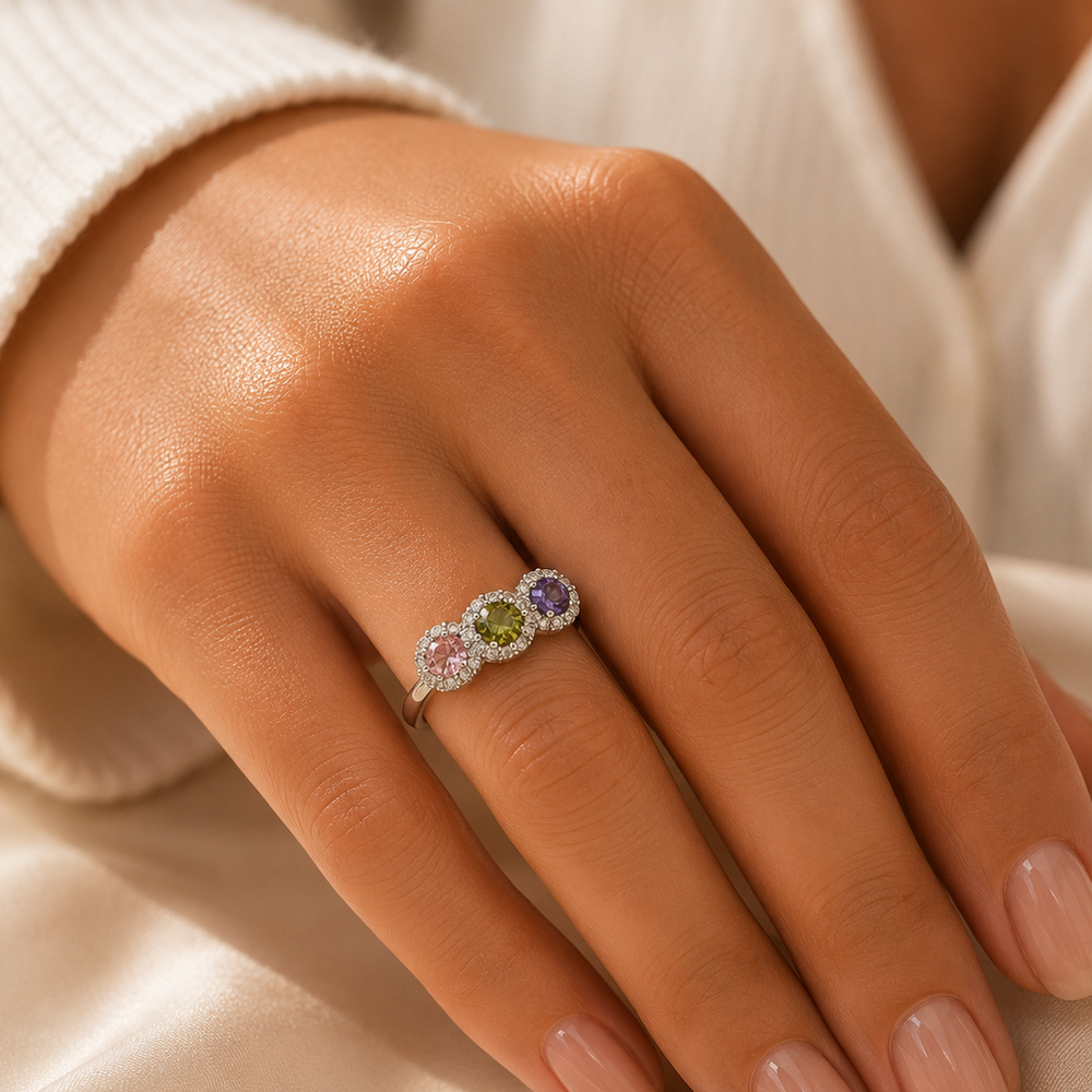 Anillo Ajustable Triple Zirconia Multicolor en Chapa de Rodio | Mael Joyeria