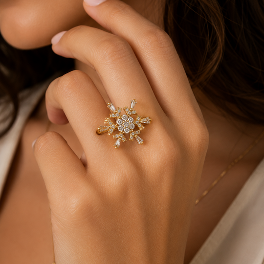 Anillo Giratorio Copo de Nieve con Zirconias | Chapa de Oro 18K