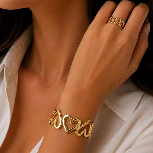 Set Brazalete y Anillo Corazón | Chapa de Oro 18K