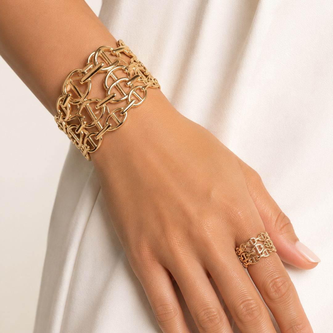 Set Brazalete y Anillo Eslabones Elegance | Chapa de Oro 18K