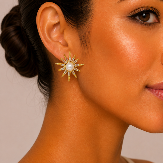 Aretes Sol con Perla en Chapa de Oro 18K | Mael Joyería