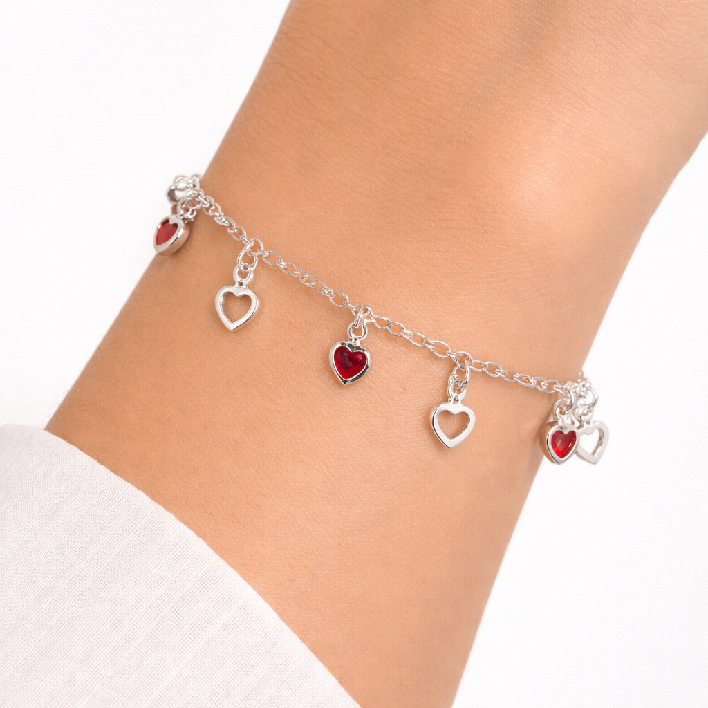 PULSO CORAZONES ROJOS PLATA 925