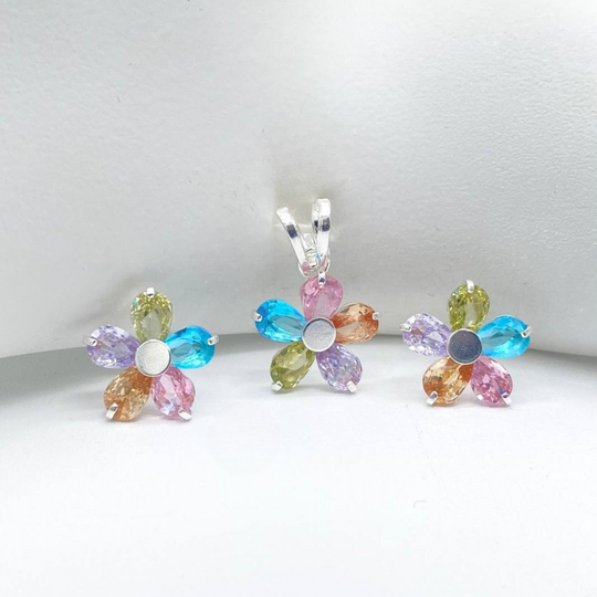 JUEGO FLOR DE COLORES PLATA 925