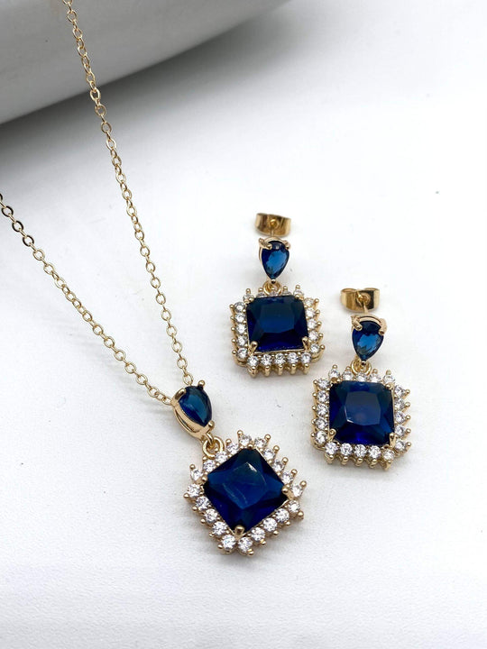 Set Azul princesa – Dije, cadena y aretes en Chapa de Oro 18K | MAEL