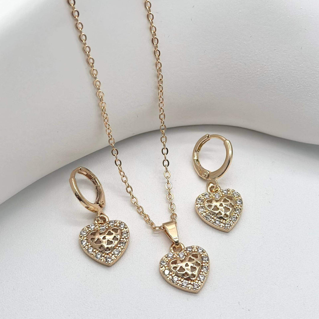 Set corazones – Dije, cadena y aretes en Chapa de Oro 18K | MAEL