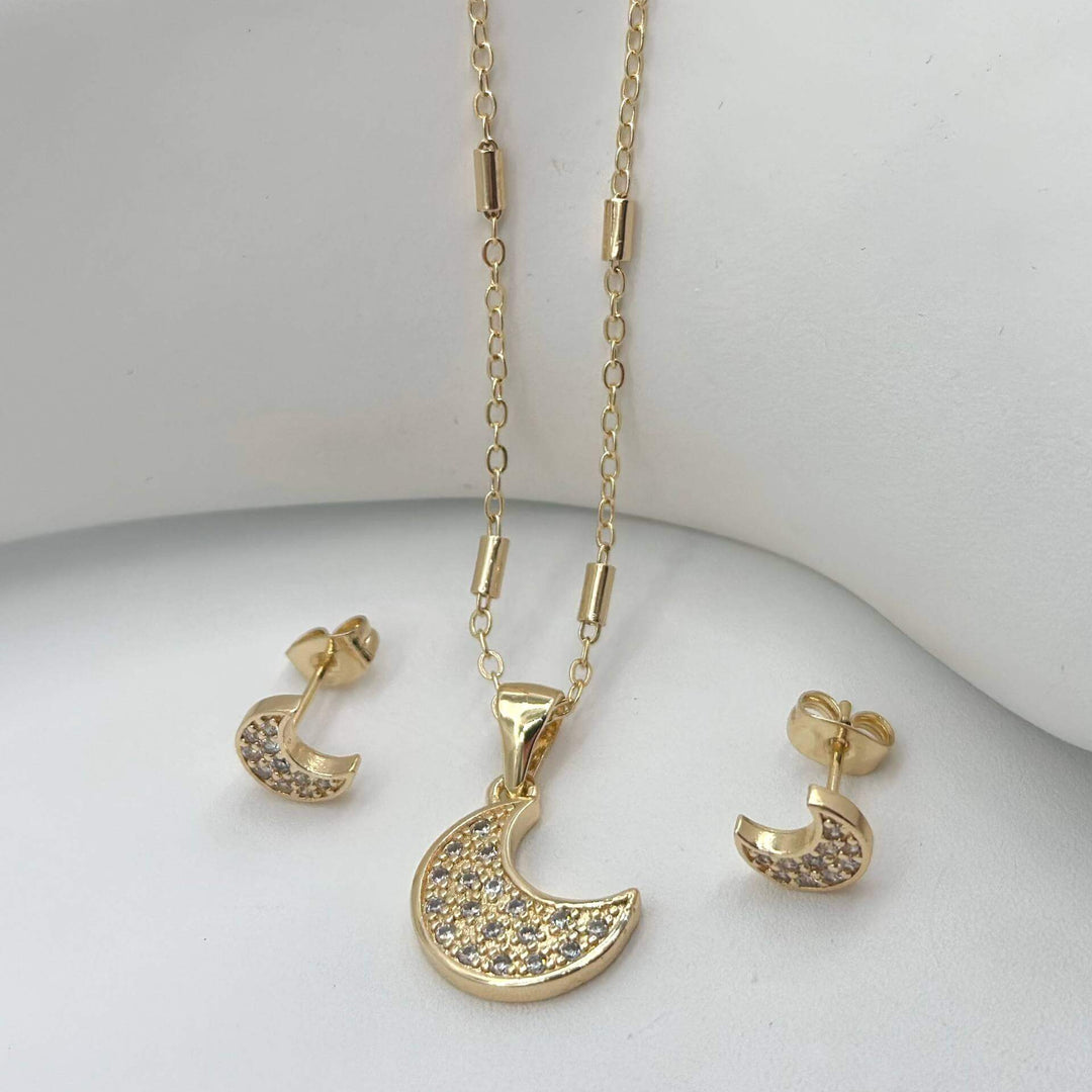 Set luna – Dije, cadena y aretes en Chapa de Oro 18K | MAEL