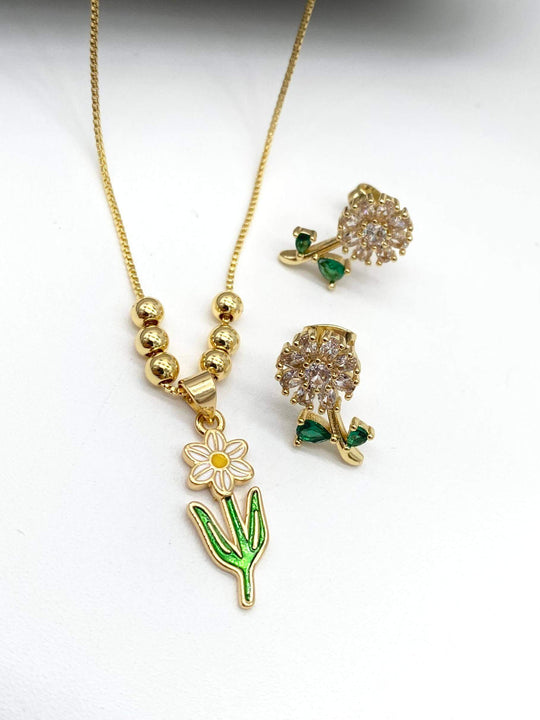 Set flor– Dije, cadena y aretes en Chapa de Oro 18K | MAEL