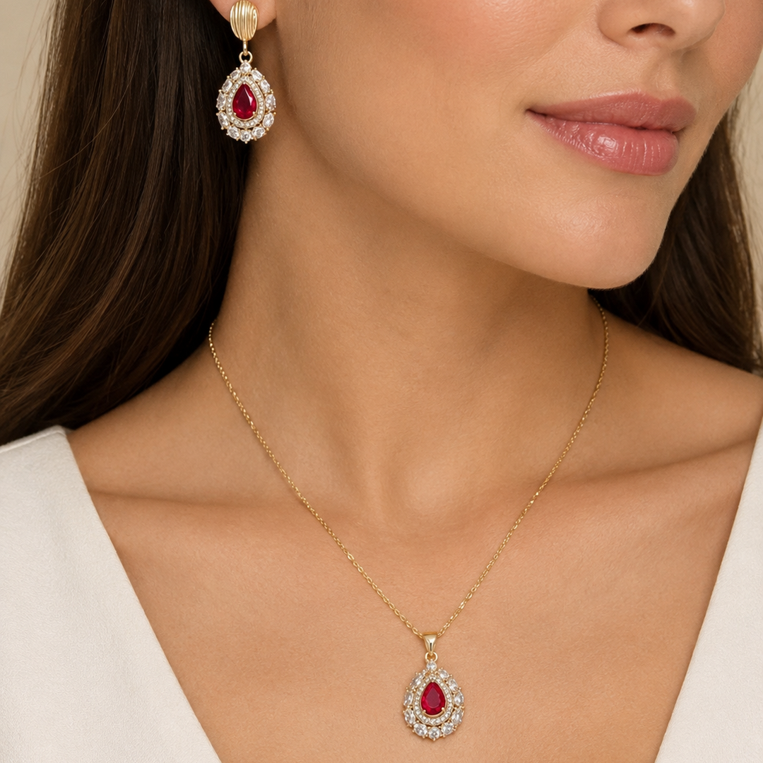 Juego de Collar y Aretes Rojos chapa de oro 18k | MAEL