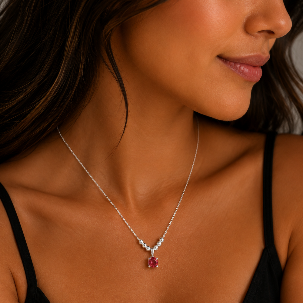 Collar de Plata 925 con Zirconia Roja y Esferas Diamantadas | Mael Joyería
