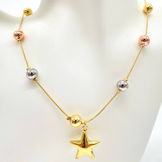 CADENA BOLAS FLORETINAS CON DIJE DE ESTRELLA